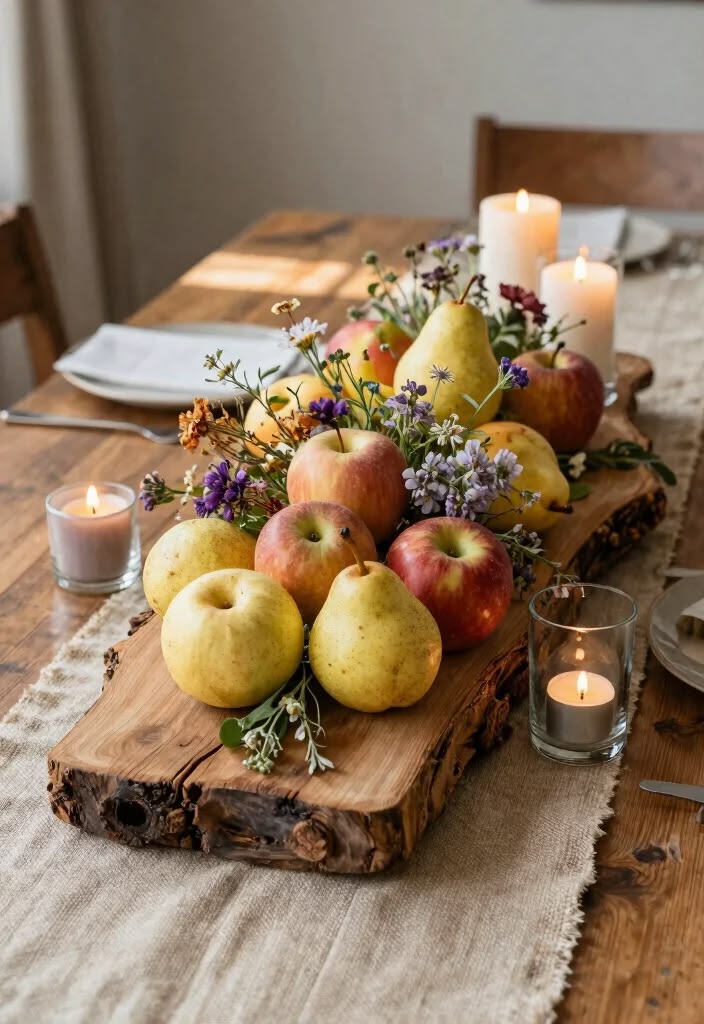 Apples and pears arranged with wildflowers and candles on a wood board centerpiece