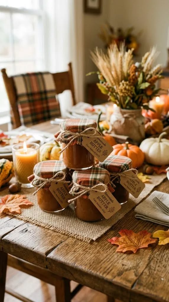 Small jars of homemade apple butter wrapped in plaid fabric as party favors