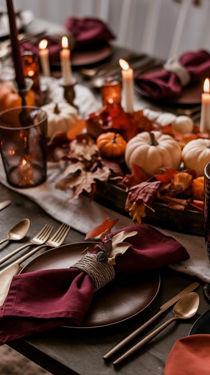 A formal table with gold chargers, patterned plates, pears, and magnolia leaves