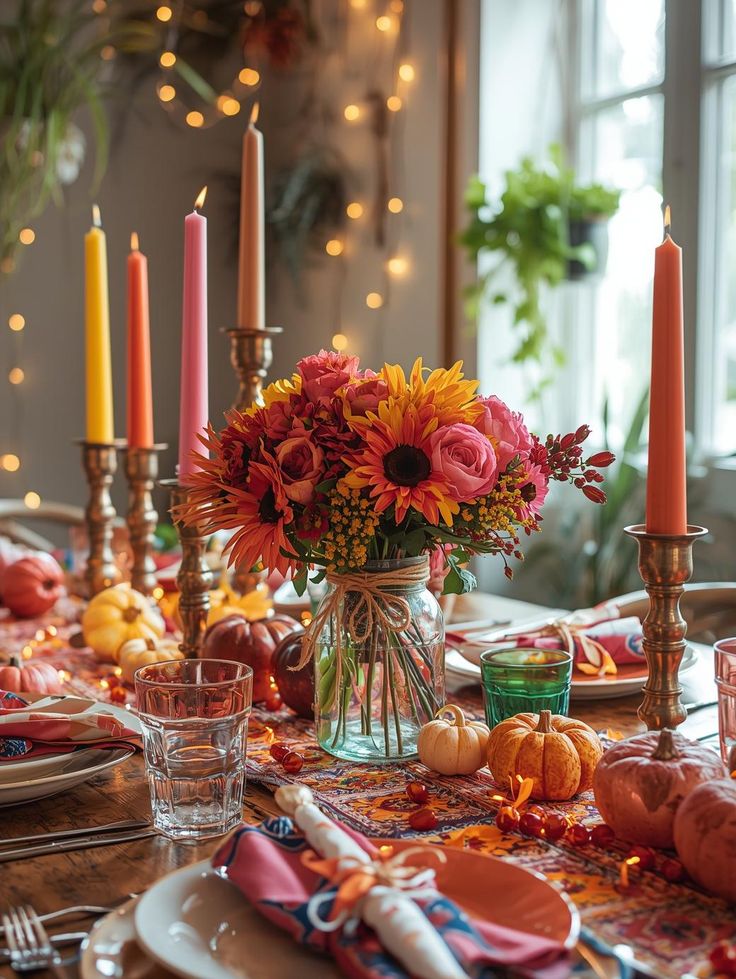 A colorful boho table with painted taper candles, sunflowers, and mini pumpkins