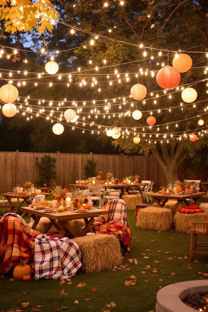 Paper lanterns and string lights over outdoor tables with hay bale seating