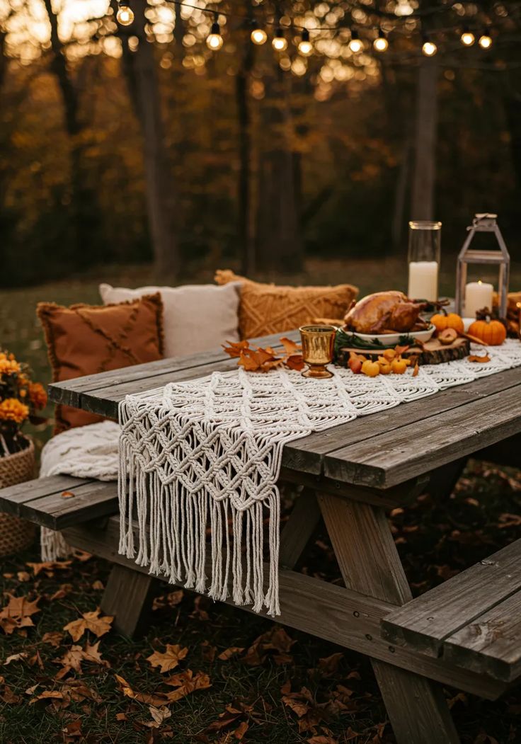 A macrame table runner on an outdoor picnic table set with a roast turkey