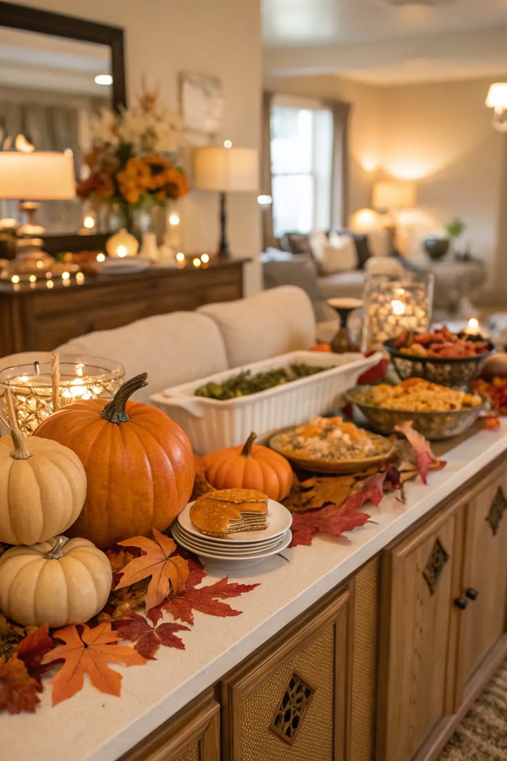 A sideboard buffet spread with Thanksgiving side dishes, pumpkins, and candlelight