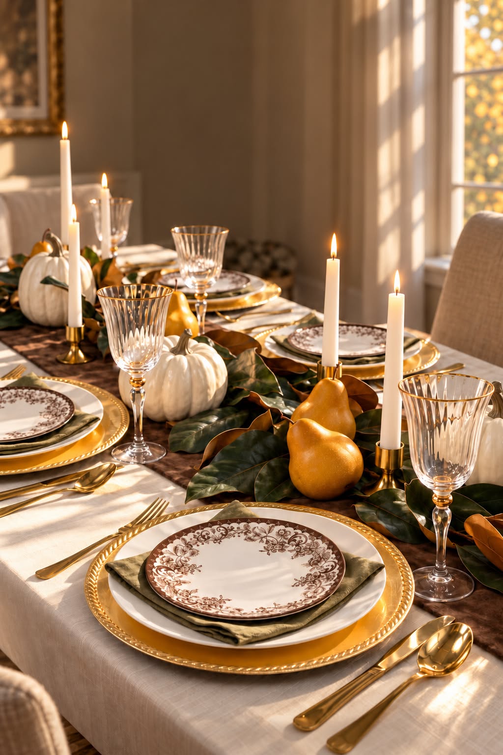 A formal table with gold chargers, patterned china, and golden pears