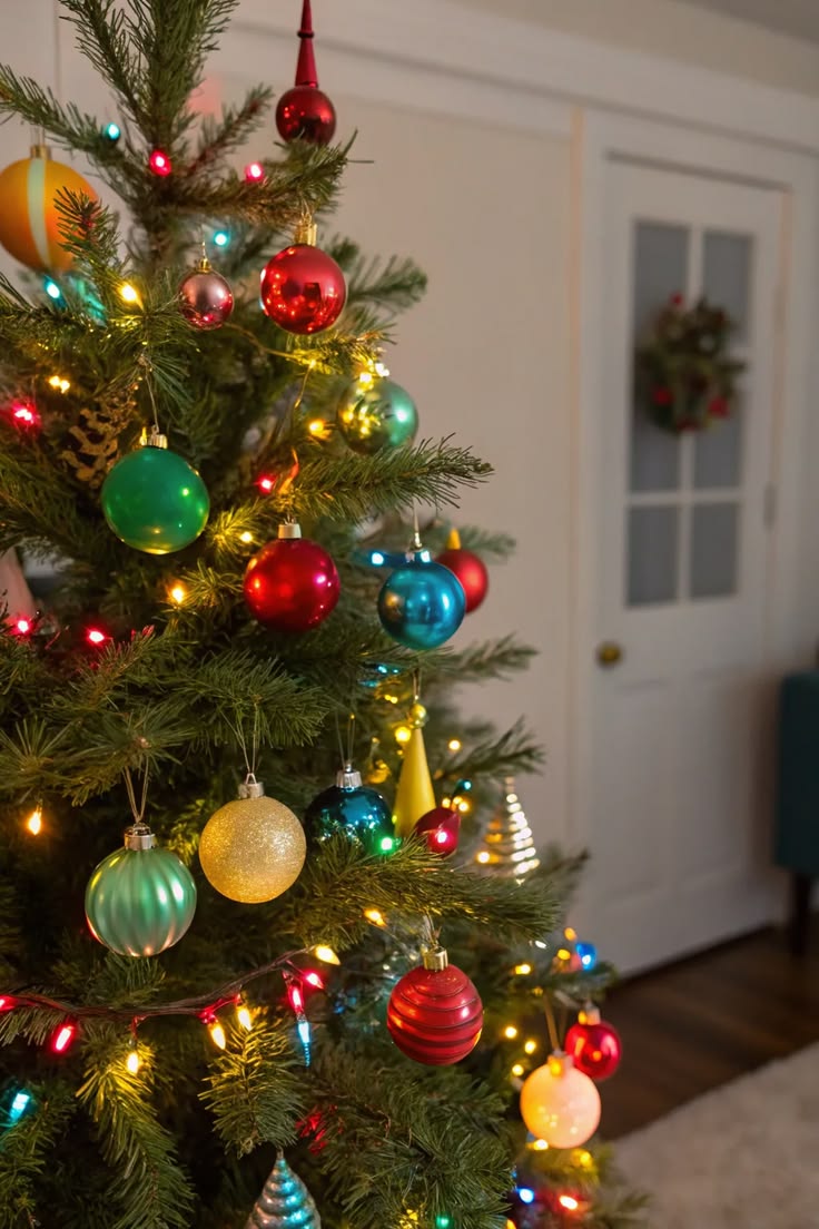 Close-up of a Christmas tree covered in colorful glass ball ornaments and warm string lights