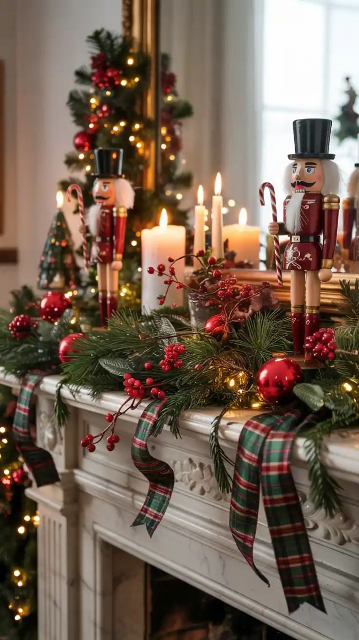 Mantel display with wooden nutcracker figurines, candles, and pine greenery