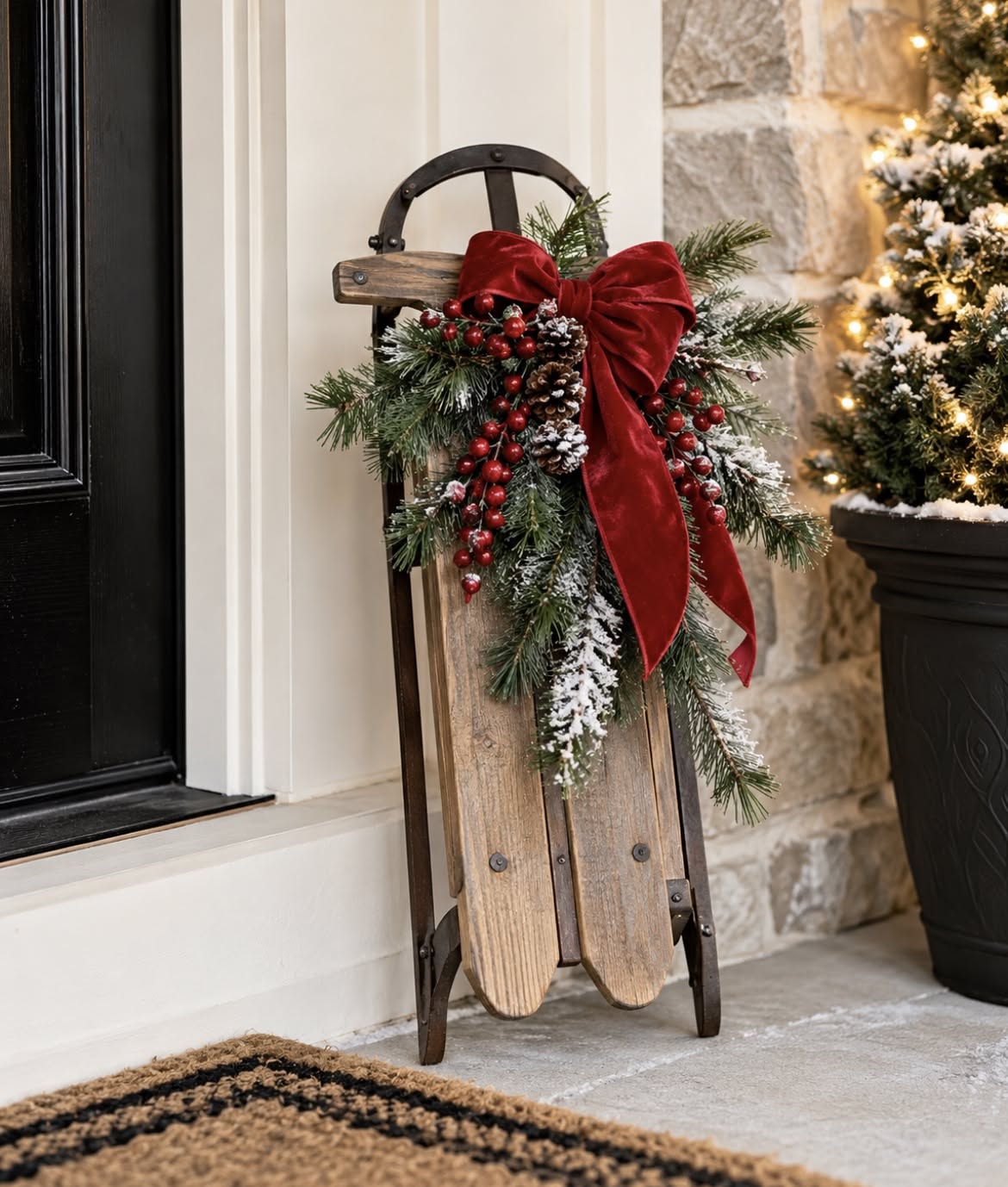 Vintage wooden sled decorated with a red velvet bow and pine greenery by a front door