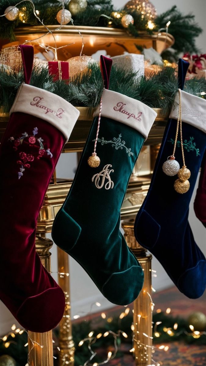Three velvet monogrammed Christmas stockings in burgundy, green, and navy hanging on a mantel