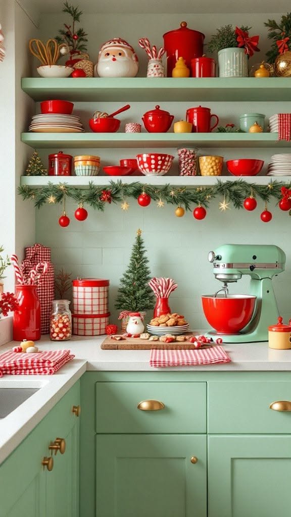 Red and green Christmas kitchen shelf decor with canisters, dishes, and garland