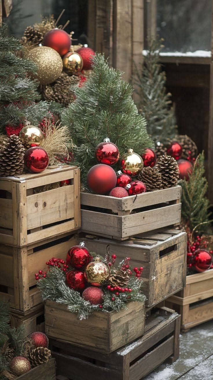 Stacked wooden crates filled with red and gold Christmas ornaments and pine branches