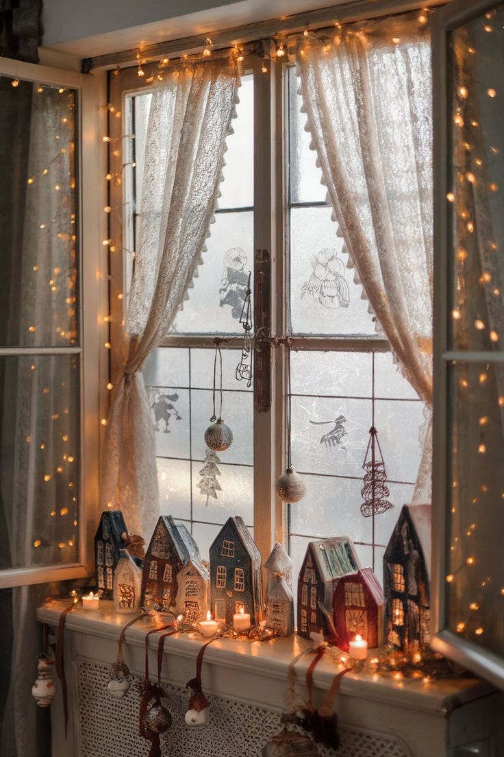 Small wooden village houses with candles on a windowsill framed by lace curtains