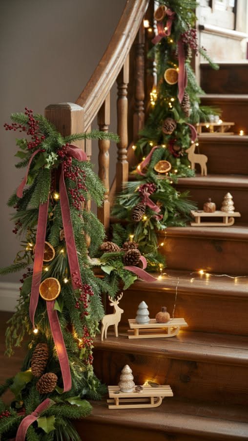Staircase railing garland decorated with dried orange slices and a burgundy ribbon