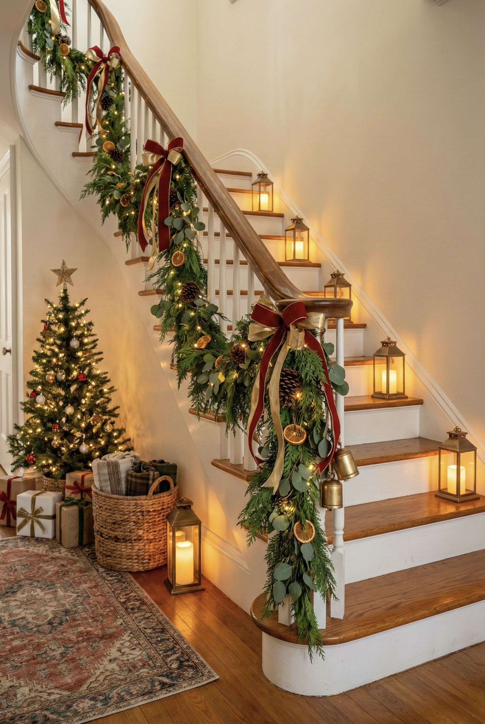 Grand staircase decorated with garland and lit lanterns on every step