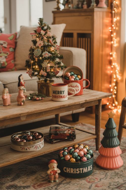 Retro Christmas mugs and tins filled with ornaments on a coffee table