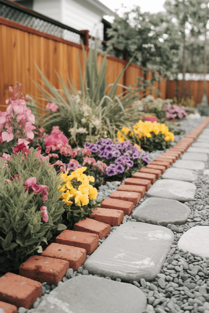 Mixed material edging combining different textures in a garden