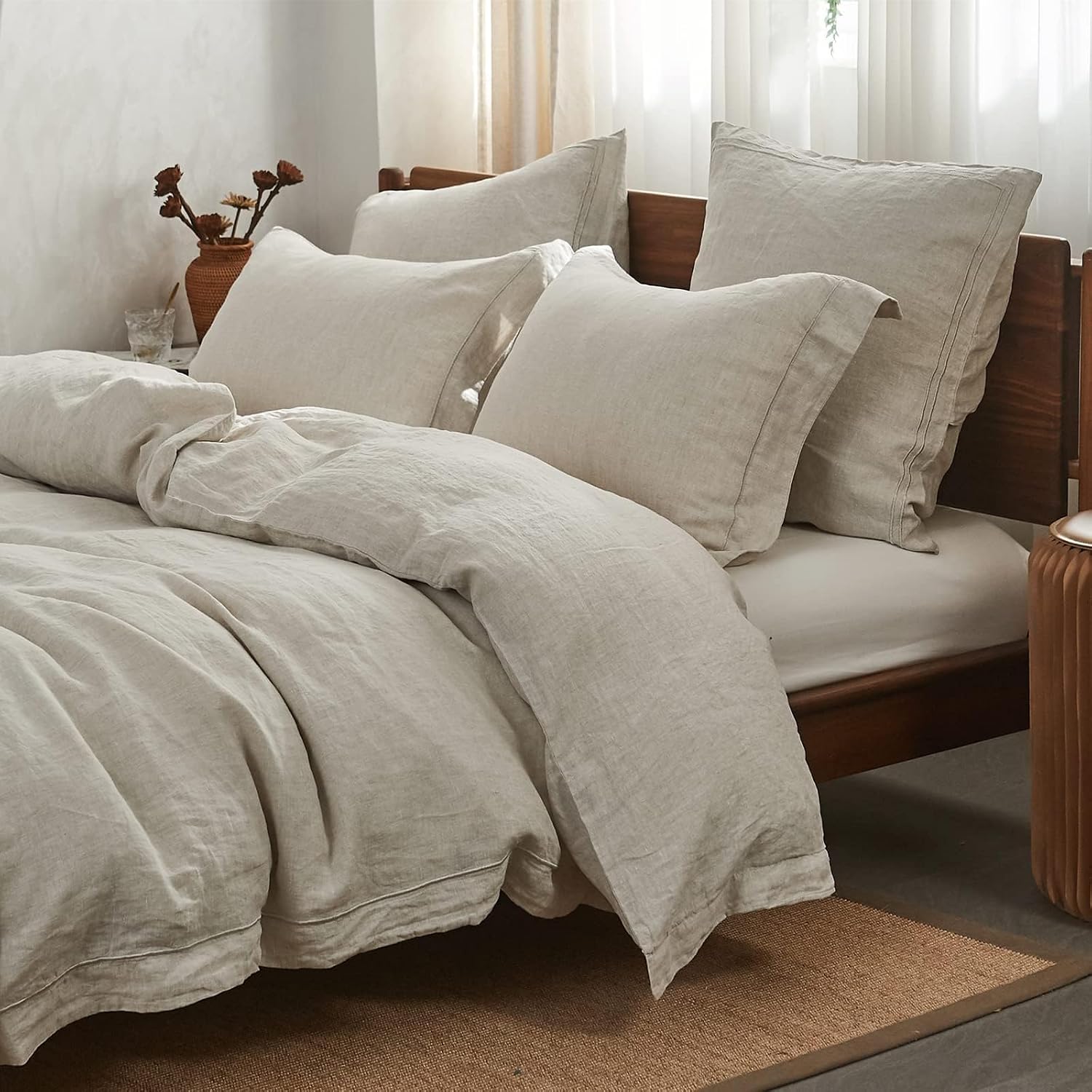 Simple and Opulence 100% French Flax Linen Duvet Cover Set, Embroidered, 3 Pieces