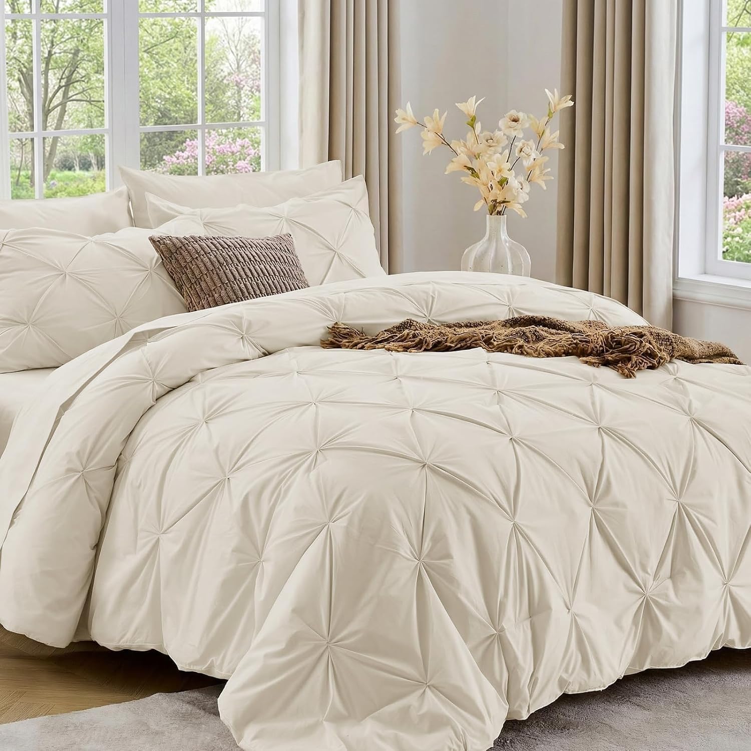 Sasttie 7-Piece Pintuck Queen Comforter Set, Bed in a Bag, All Season