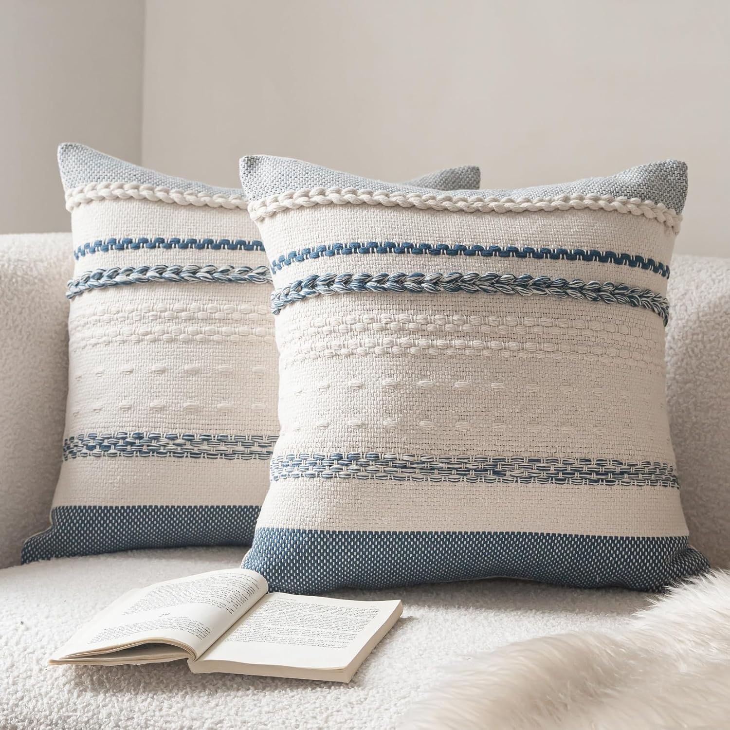 Cethom Boho Textured Throw Pillow Covers, 20 x 20 Inch, Set of 2, Blue