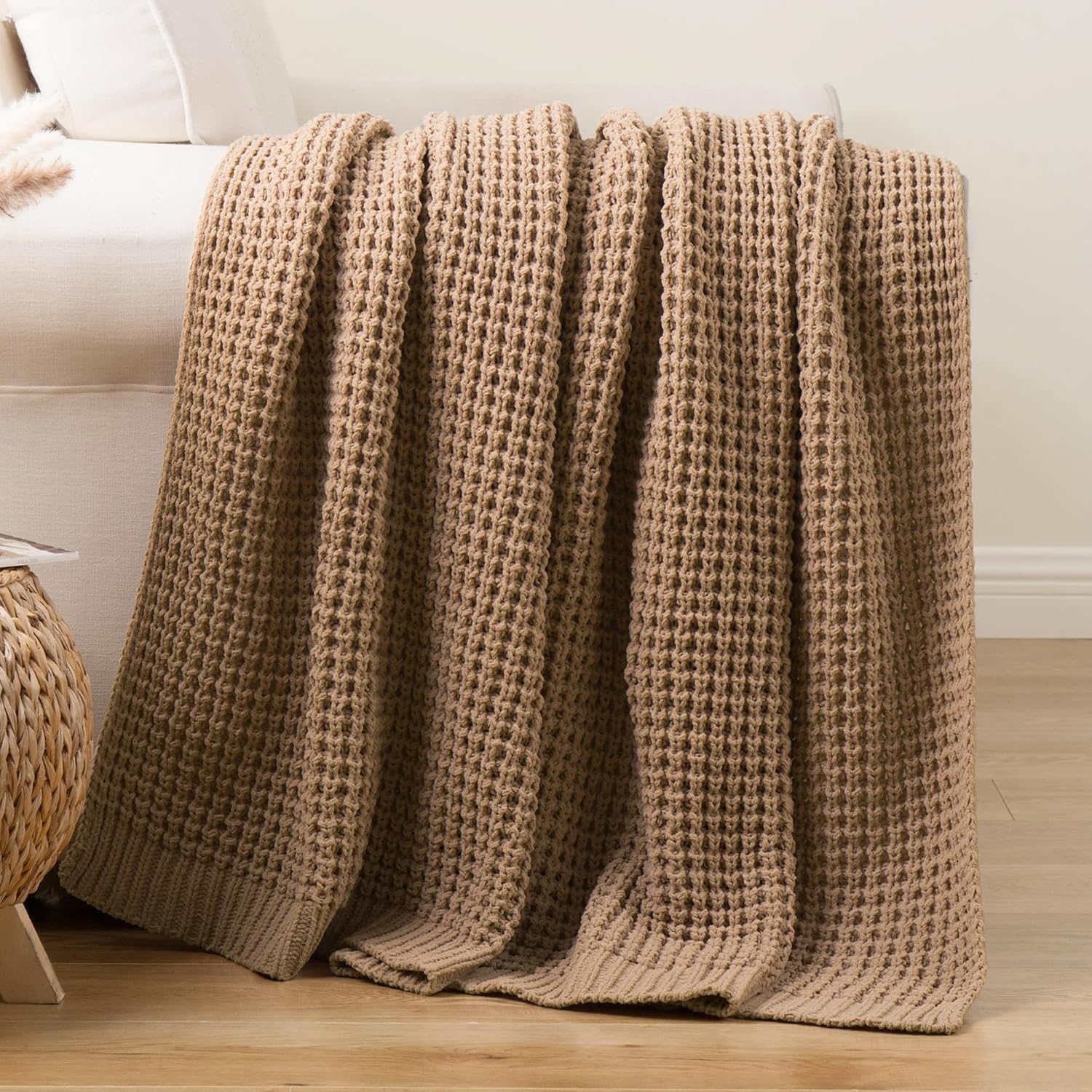 Beige Waffle Knit Throw Blanket for Couch, 50 x 60 Inch