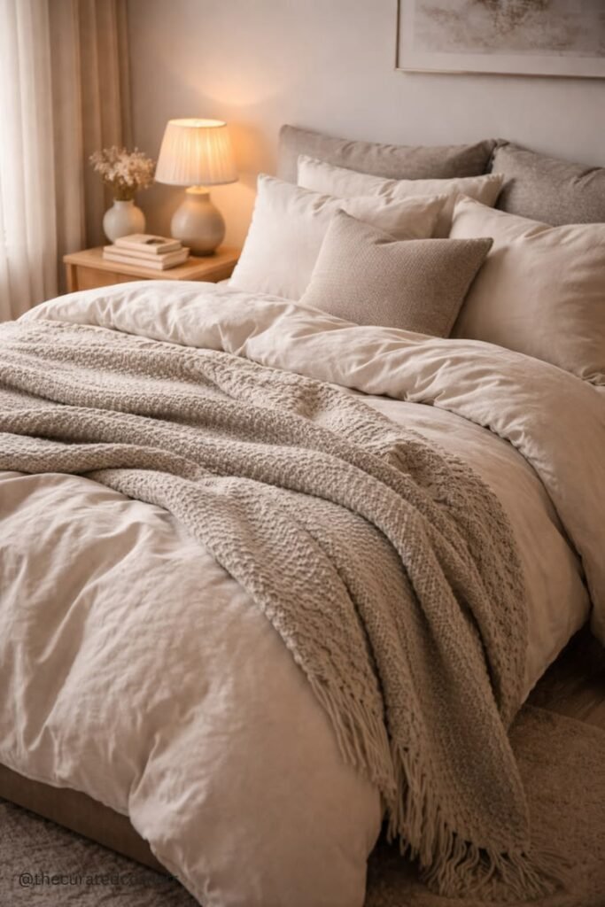 Expertly styled bed with an intentionally relaxed, designer look