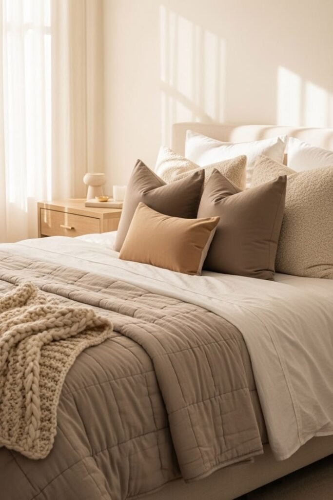 Bed styled with multiple pillow sizes for a layered look