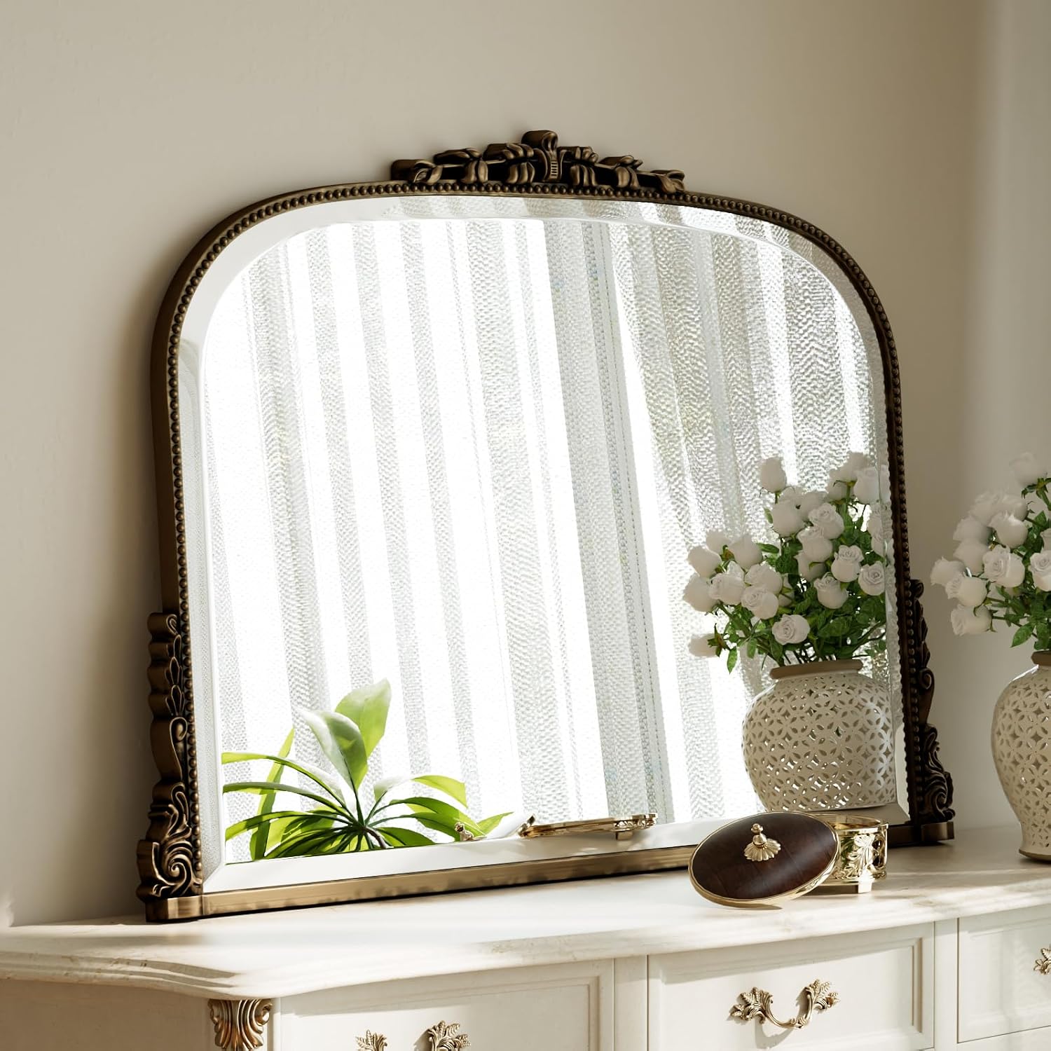 Bronze Wide Arched Wall Mirror with Vintage Carving, 27 x 36 Inch