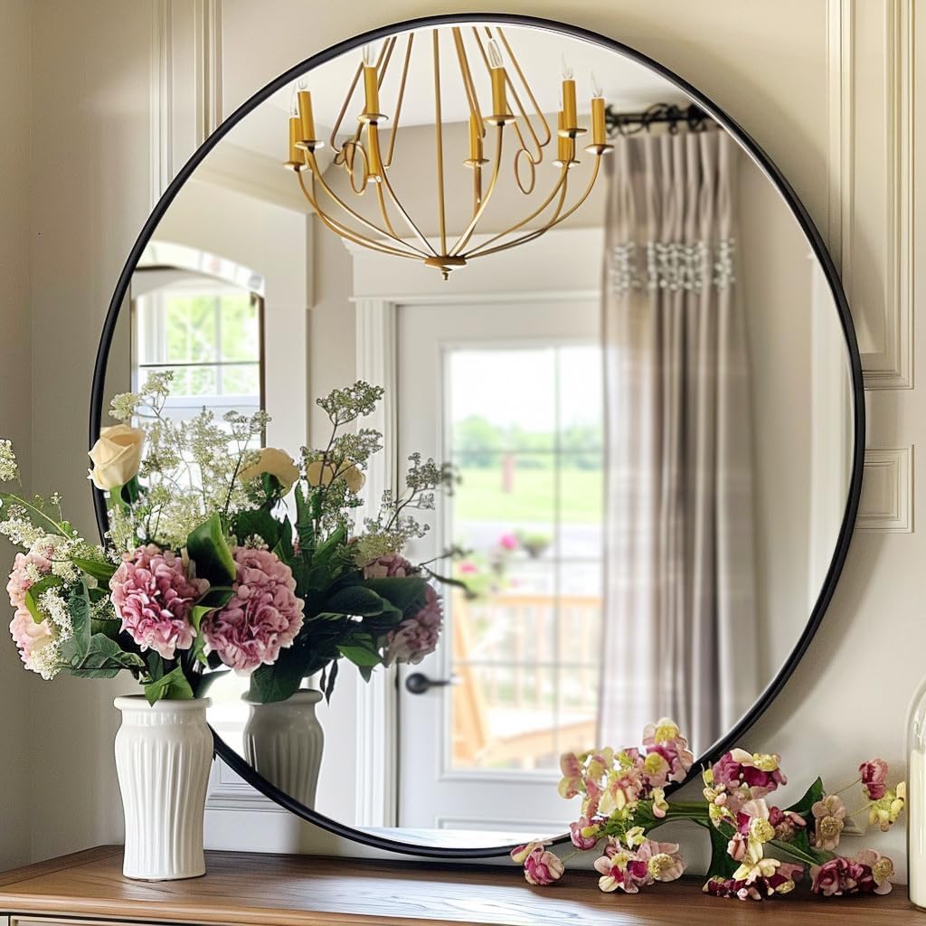 Round Black Wall Mirror, 30 Inch, Matte Black Metal Frame