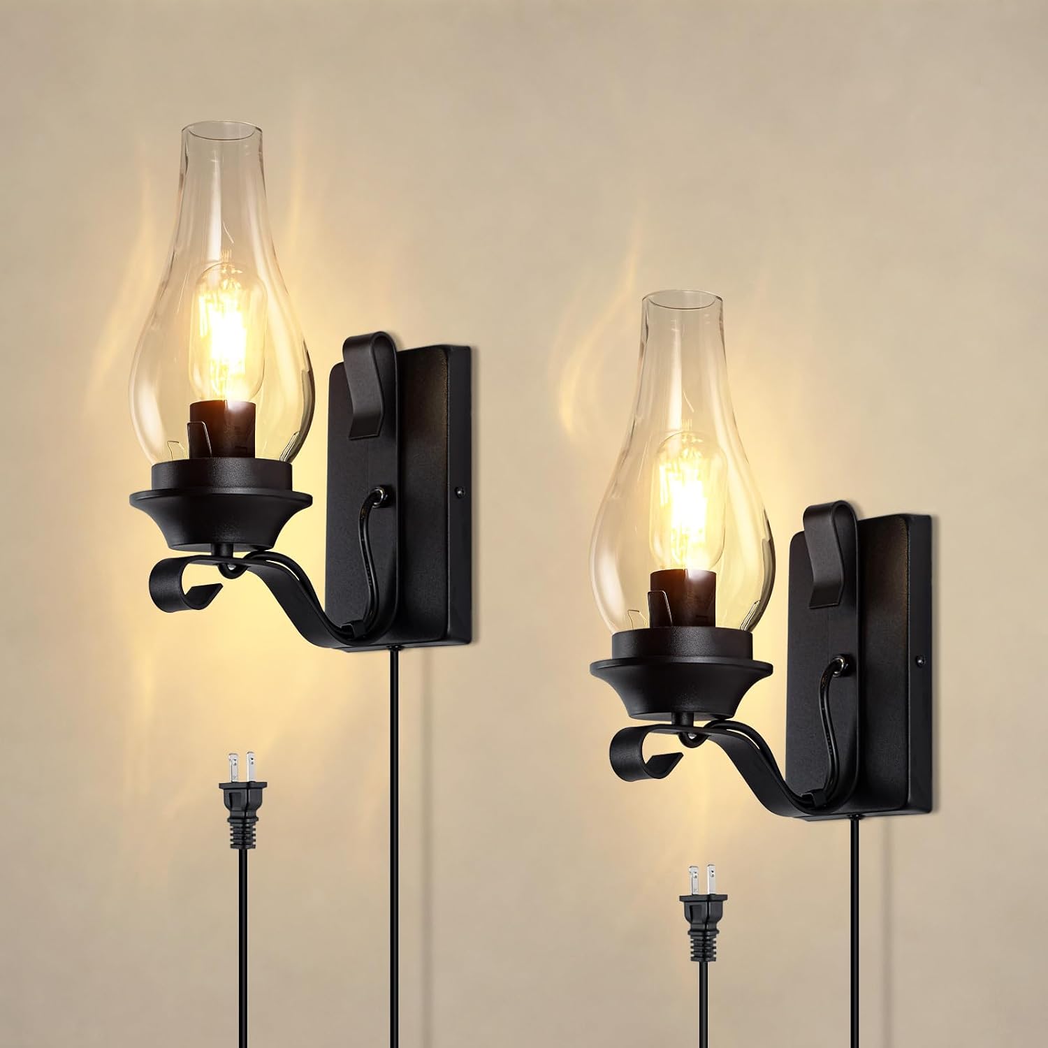CHYING Vintage Plug-In Wall Sconces, Set of 2, with Amber Glass