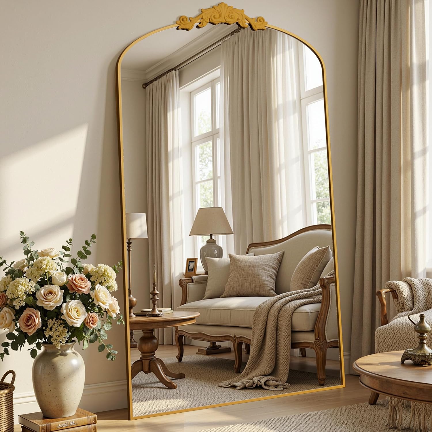 Vintage Arched Full Length Floor Mirror, 81 x 41 Inch, Carved Metal Frame