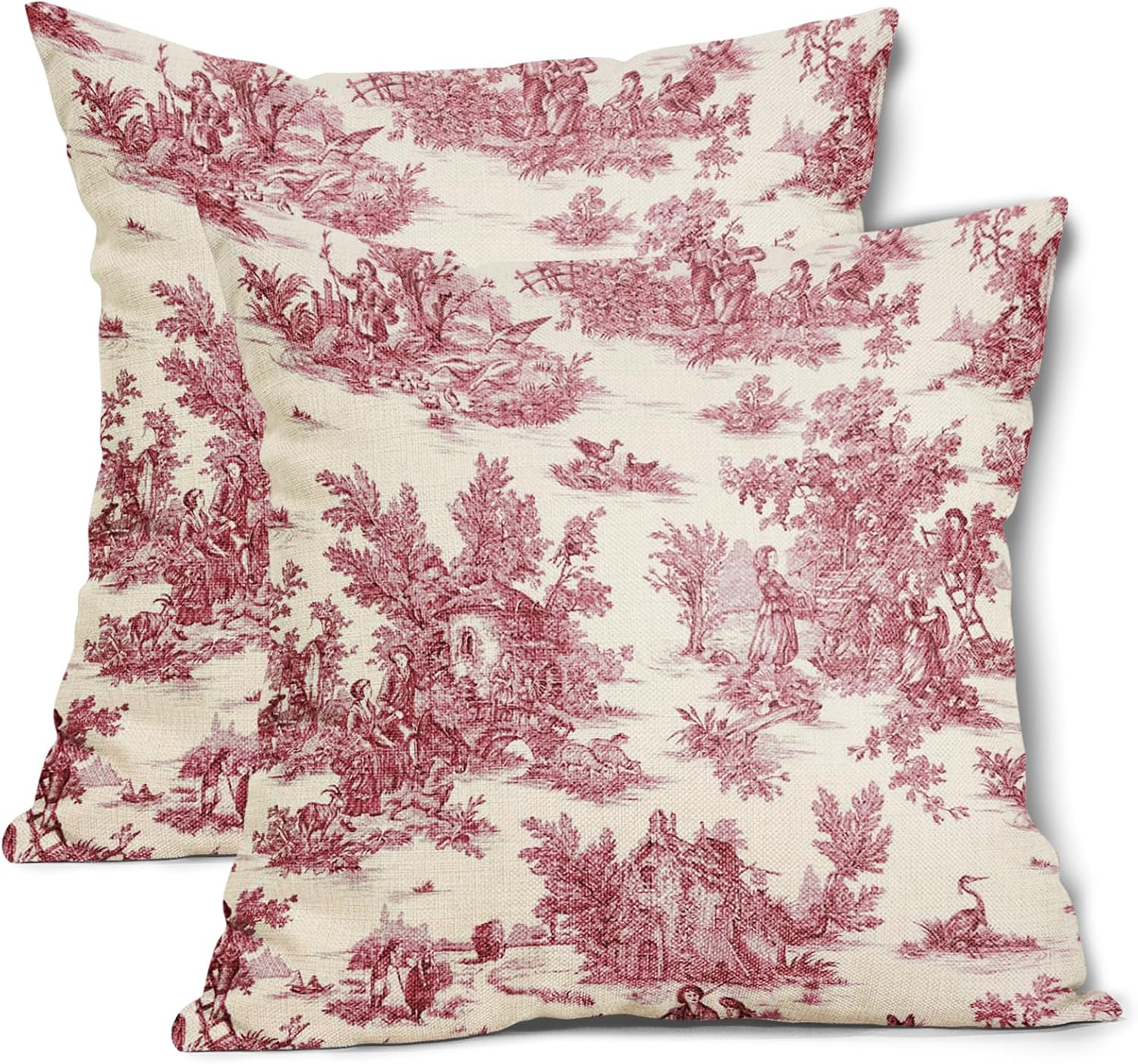 Red Toile Pillow Covers, 18 x 18 Inch, Set of 2, French Country Cotton Linen