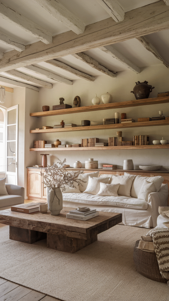 Warm wood tones grounding a French farmhouse living room