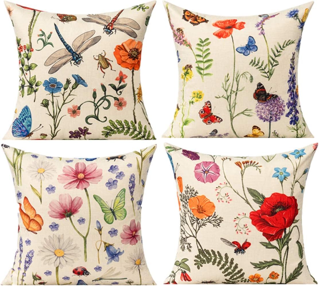 All Smiles Outdoor Patio Throw Pillow Covers, 18 x 18 Inch, Set of 4, Garden Flowers