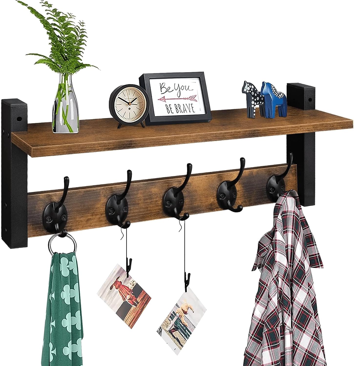 Homode Wall Mounted Wood Coat Rack with Shelf and 5 Metal Hooks
