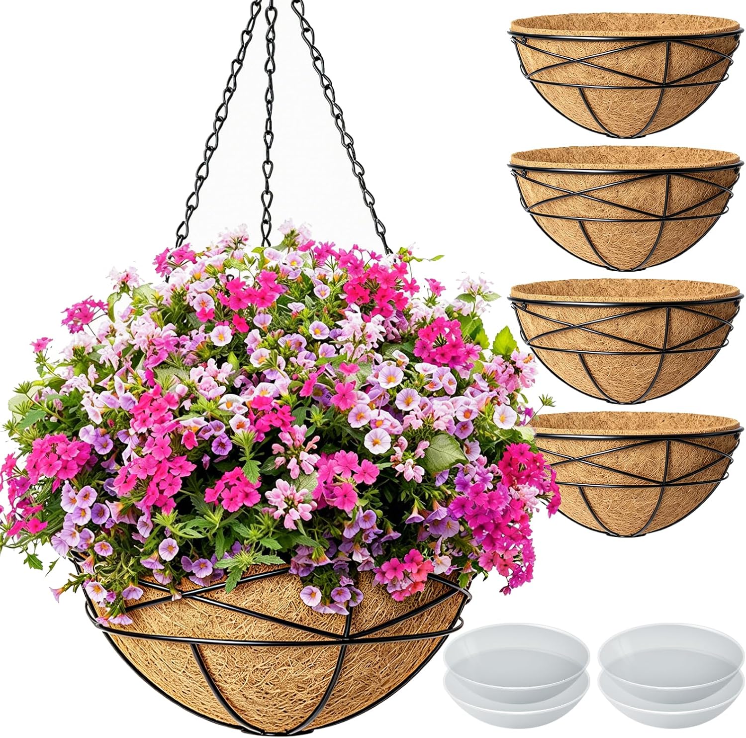 Metal Hanging Planter Baskets with Coco Liner, 12 Inch, 4 Pack