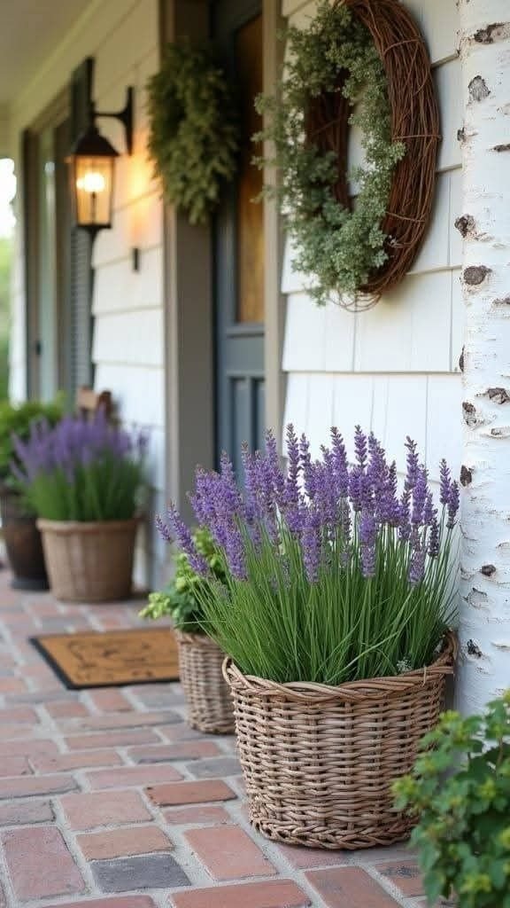 Front door flanked by two matching woven wicker planters filled with lavender, a grapevine wreath and a wall lantern beside the door