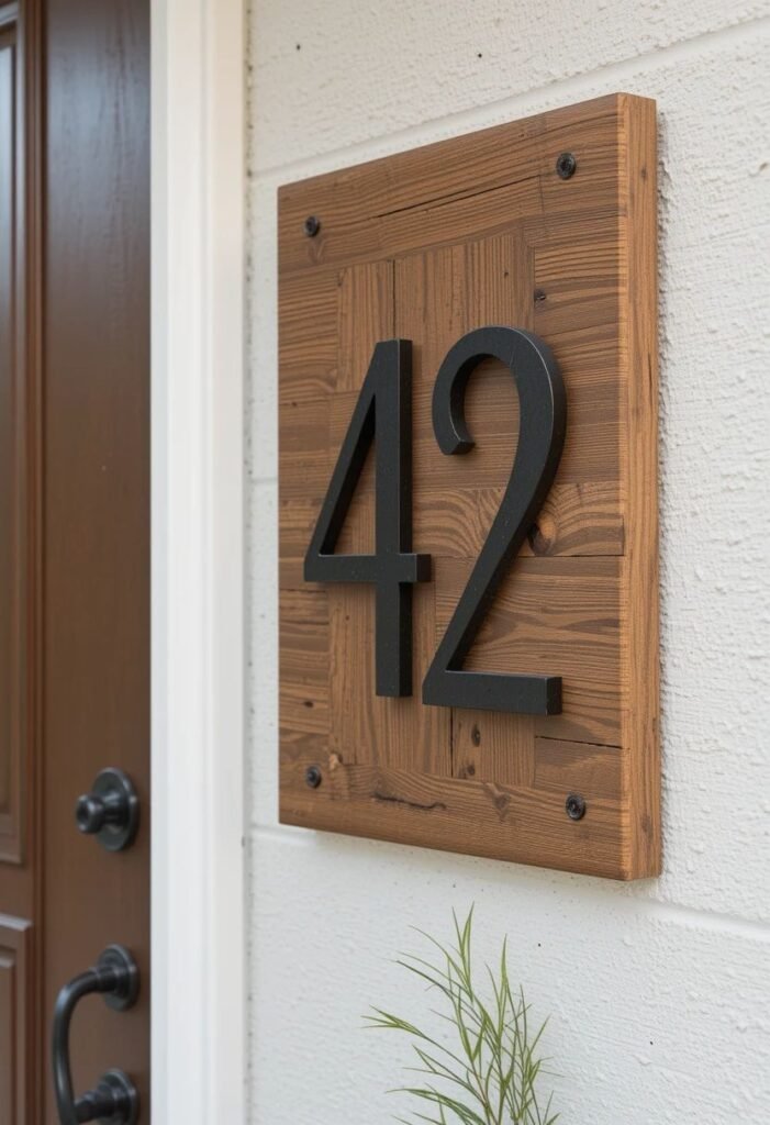 Modern black house numbers reading 42 mounted on a wood plaque beside a dark front door, with a small plant below
