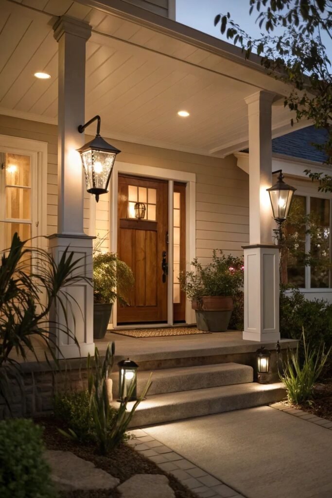 Black metal wall lantern sconces flanking a wood front door at dusk, with small lanterns lighting the front steps