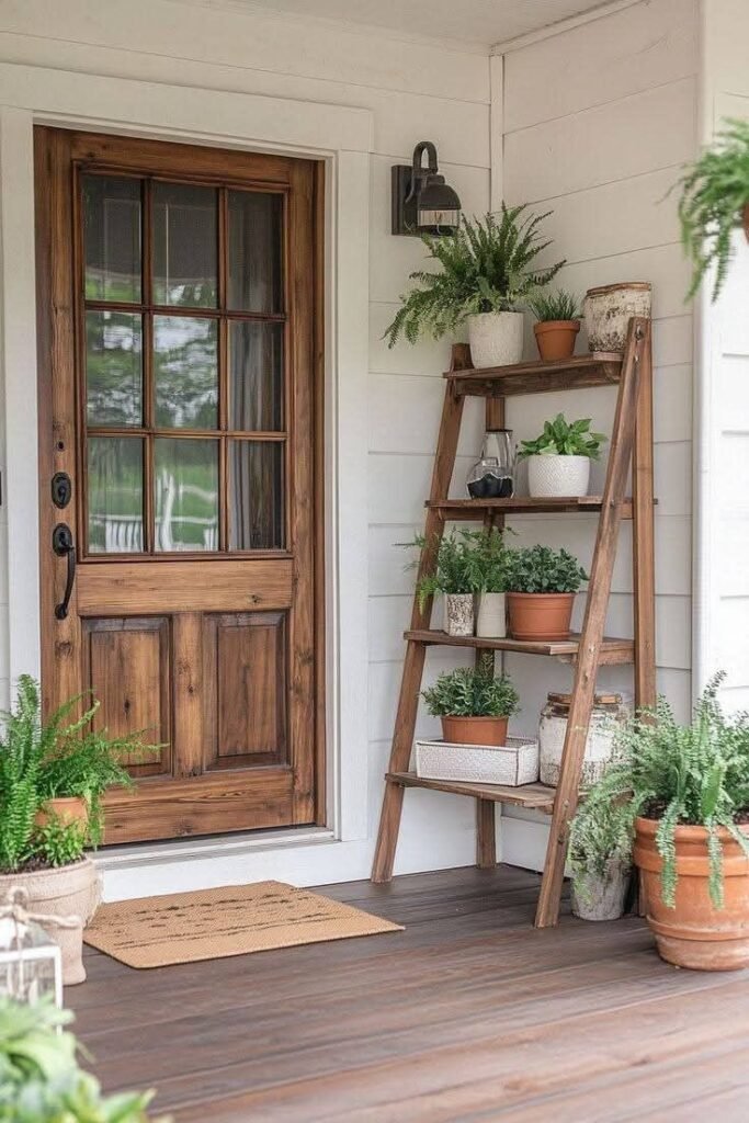 Wooden tiered plant ladder shelf beside a front door holding ferns and potted plants on a covered porch
