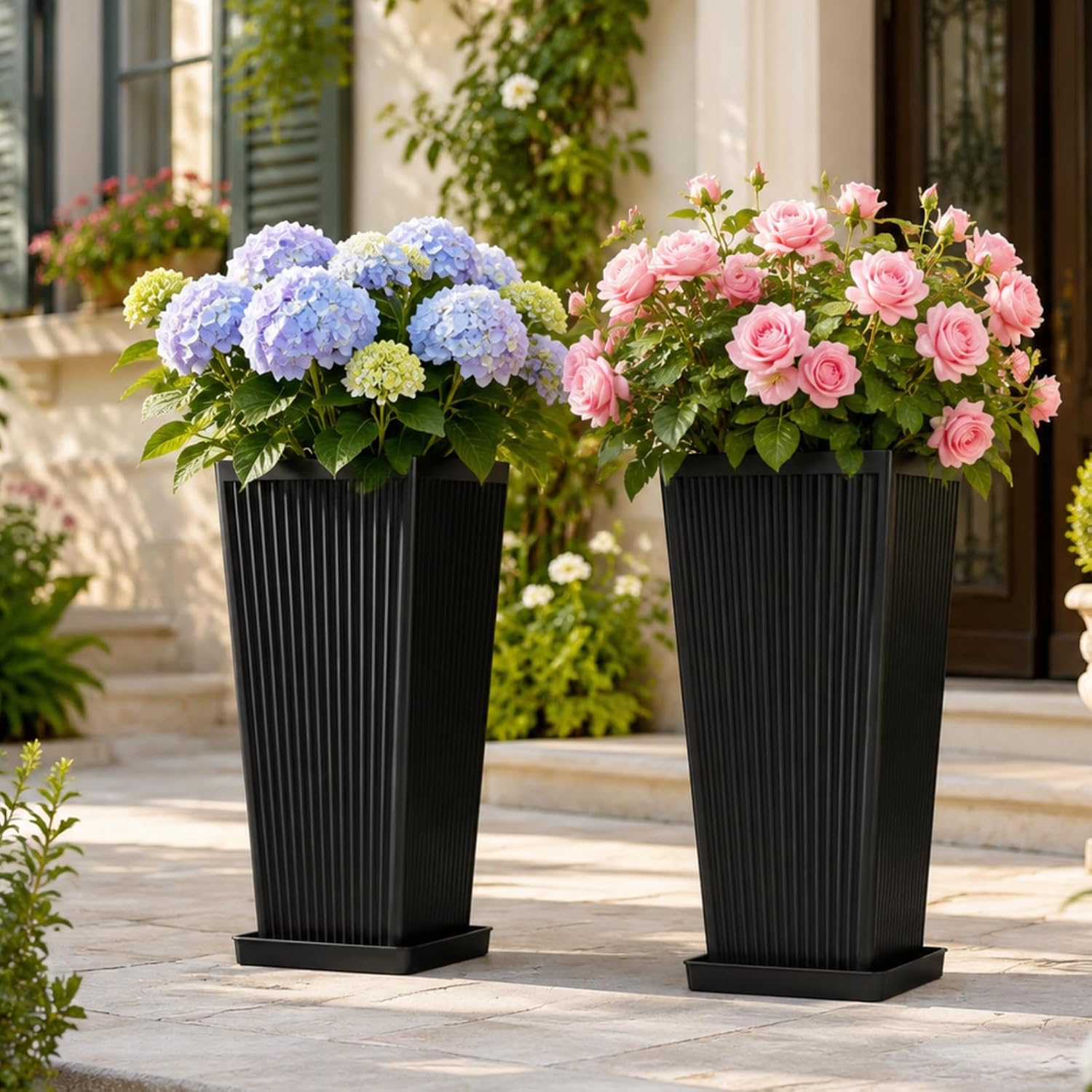 NicBex 24 Inch Tall Square Fluted Outdoor Planters, Black, Set of 2