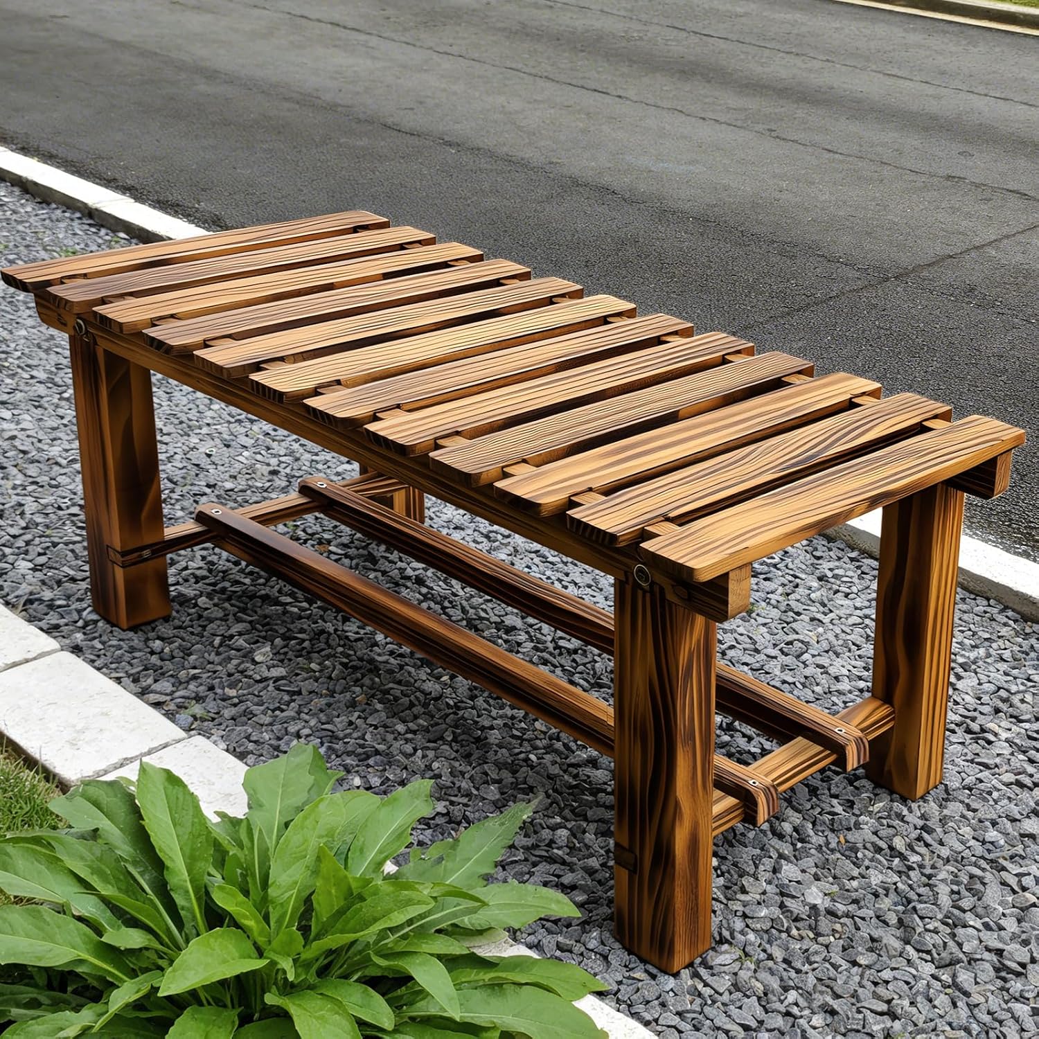 Outdoor Garden Bench, 35.5 Inch, Weatherproof 2-Person Backless Wooden Bench