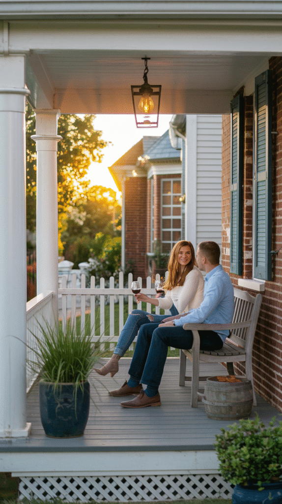Small, cozy front yard sitting nook with simple seating