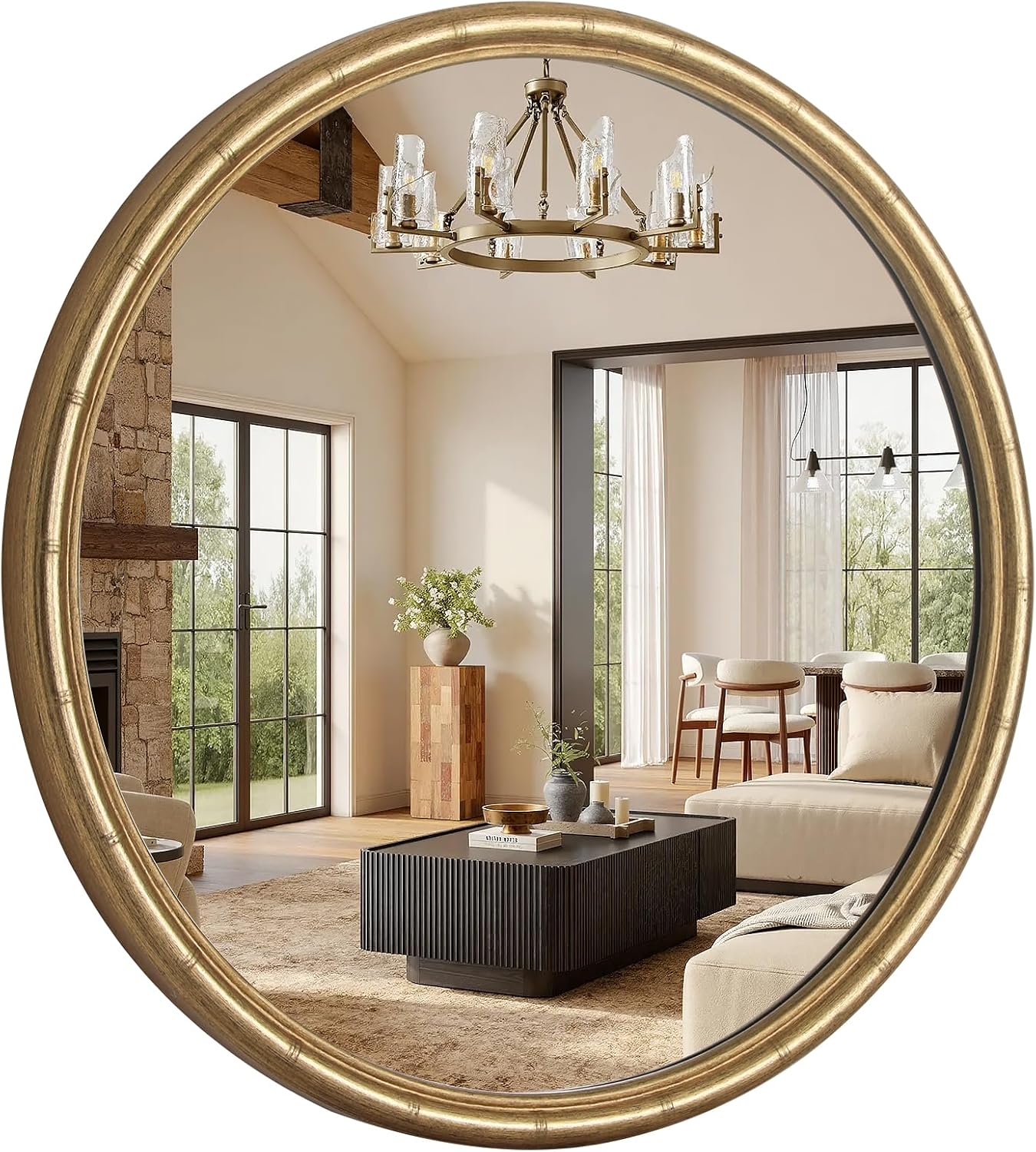 WallBeyond 24 Inch Gold Round Wall Mirror, Circle Mirror with Bamboo Texture
