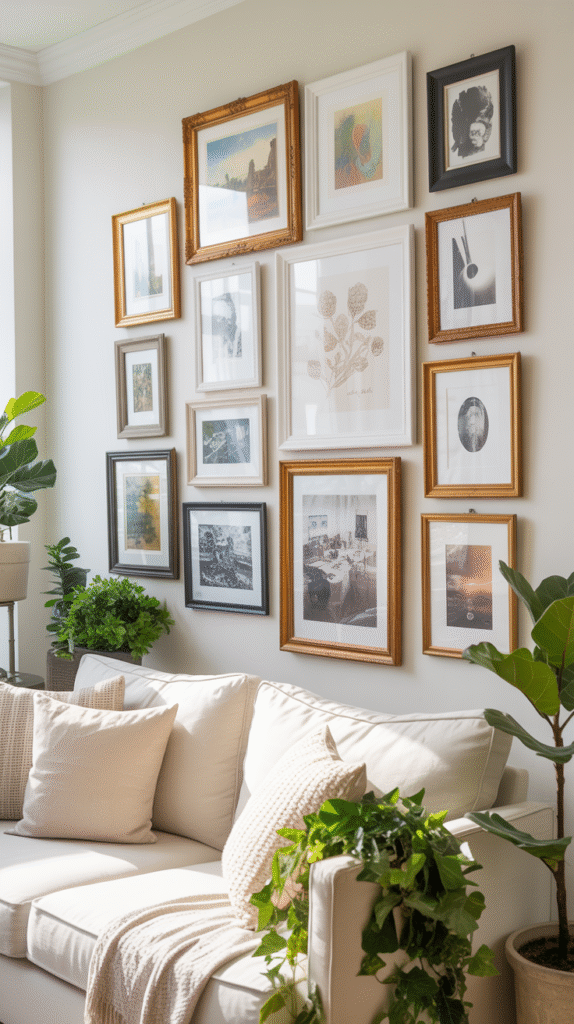 Gallery wall combining various styles into a cohesive display