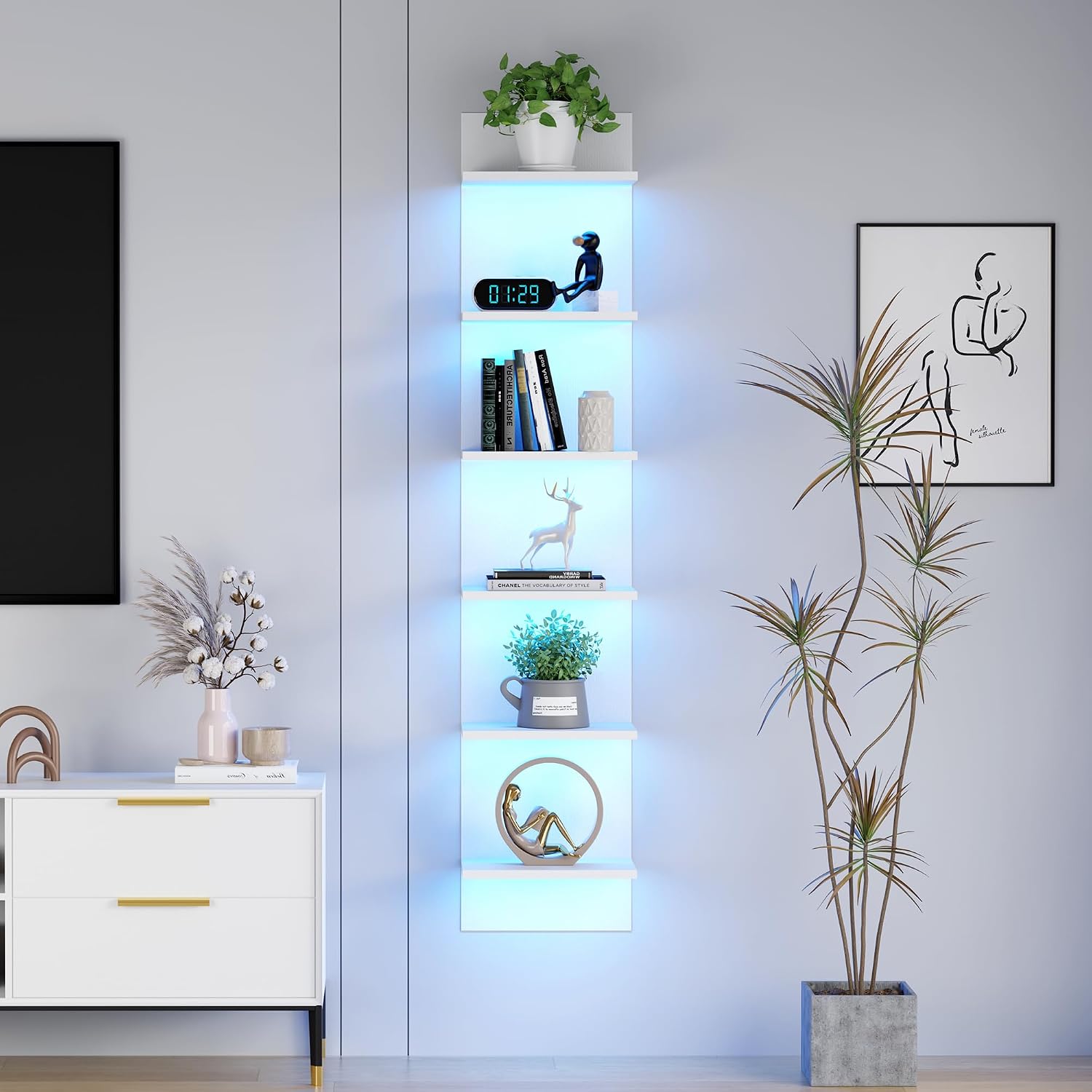 Qupui 6-Tier Wall Shelf with RGB LED Lights, 57 Inch, White
