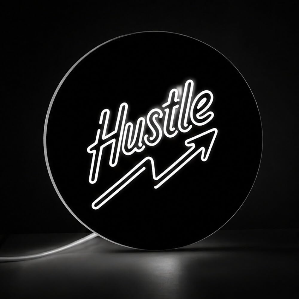 RGB Round Neon Sign, Hustle Lettering with Upward Arrow