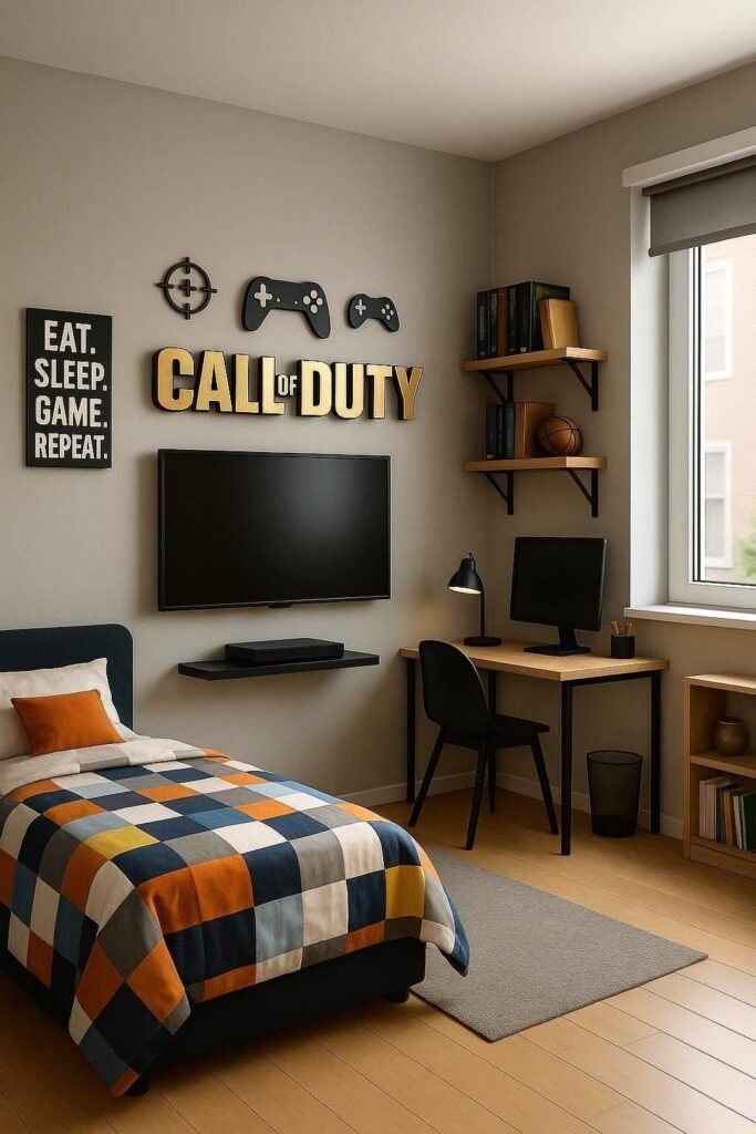 Small bedroom gaming setup with a wall-mounted TV above a corner desk, themed wall decor and a single bed with a colorful patchwork quilt