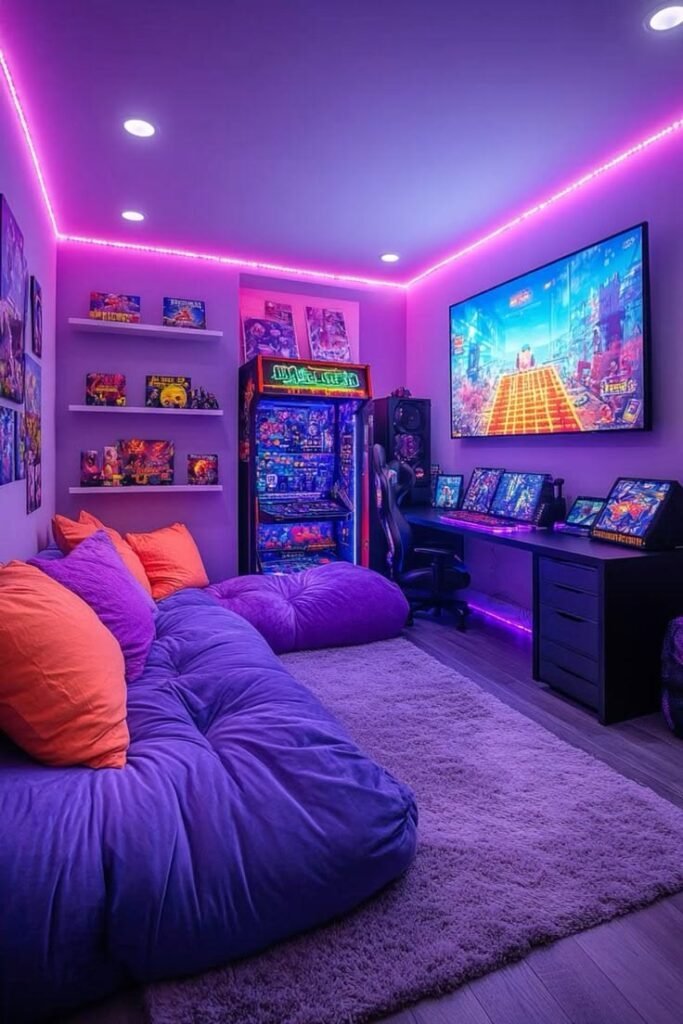 Console gaming room with a large wall-mounted TV, an arcade machine, purple neon ceiling lighting and plush purple bean bag seating