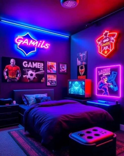 Dark gaming bedroom with multiple custom neon signs glowing red and blue above gaming posters and a wall-mounted TV