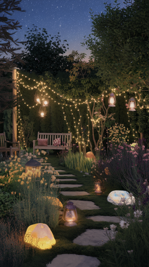 Garden art beautifully illuminated for nighttime viewing