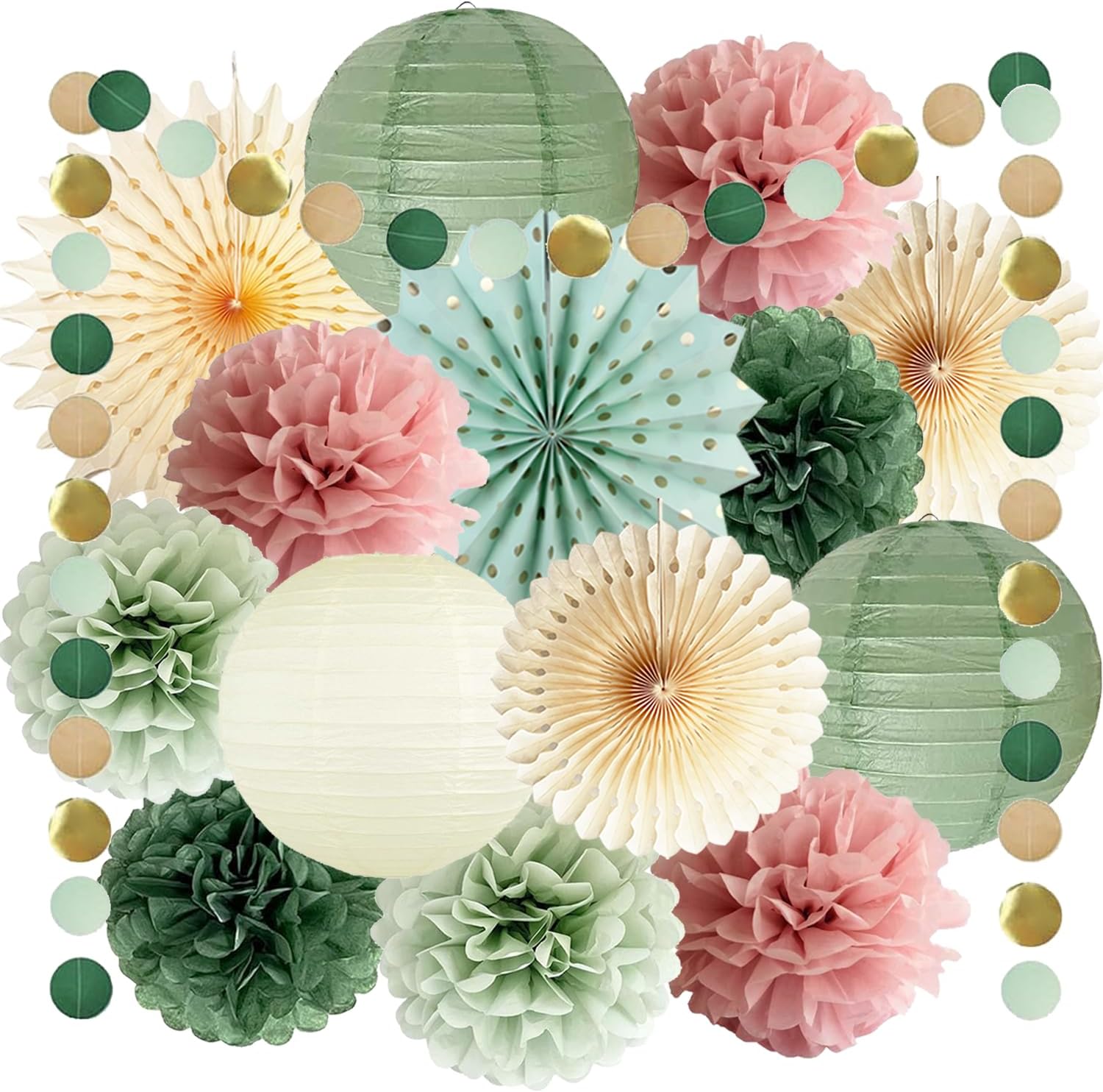 Sage Green and Dusty Pink Party Decorations, Tissue Pom Poms and Paper Lanterns